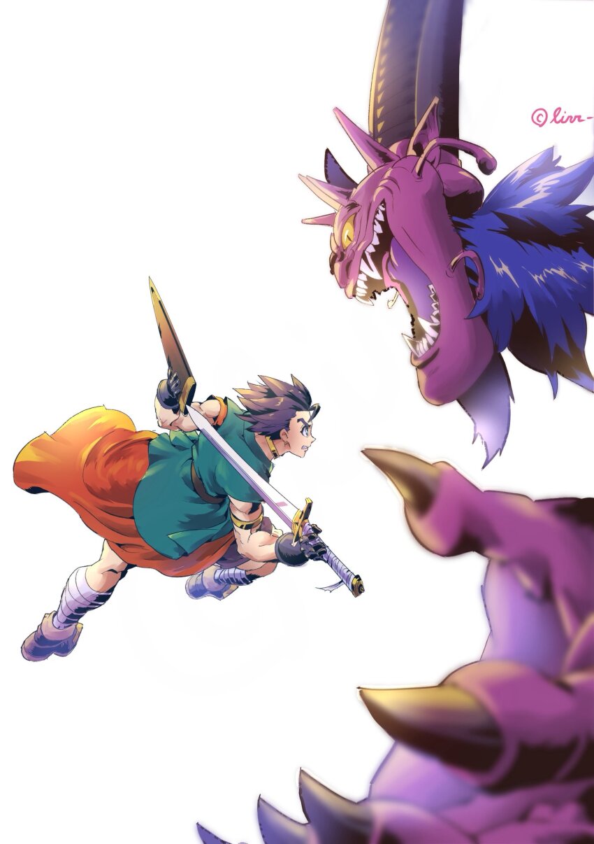 2boys, aqua_robe, armlet, bad_arm, bandaged_leg, bandages, black_gloves, black_horns