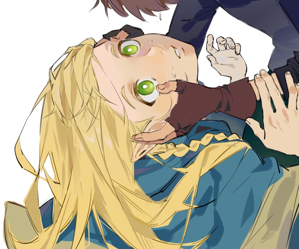 1boy, 1girl, blonde_hair, blue_capelet, blue_shirt, braid, brown_gloves, brown_hair