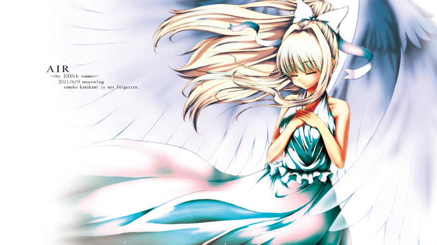 00s, air_(visual_novel), blonde_hair, closed_eyes, dress, english_text, ging_(tokushima), highres