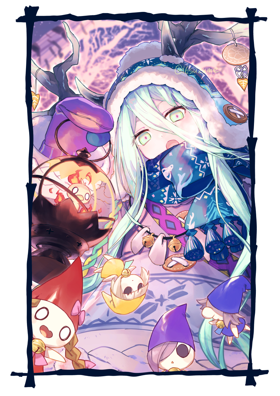 1girl, antlers, beanie, bird, blue_hat, blue_scarf, blush, breasts