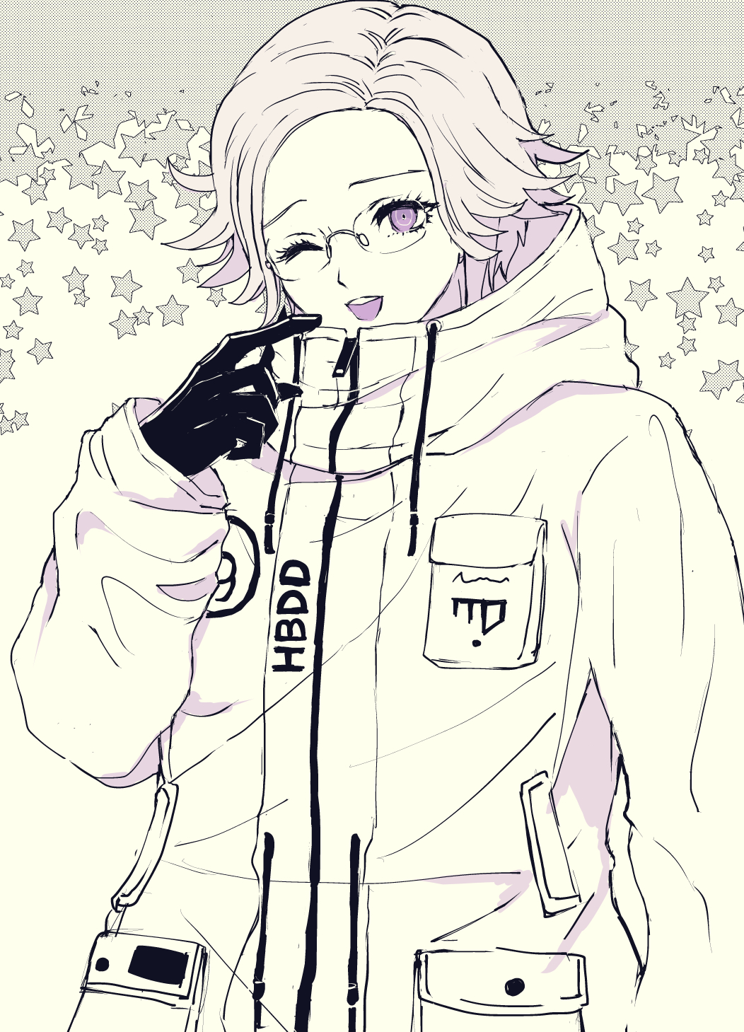 1boy, aotsuki_eito, breast_pocket, coat, cowboy_shot, drawstring, glasses, gloves