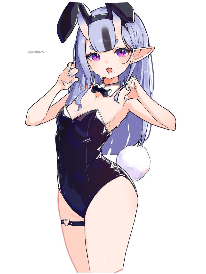 1girl, animal_ears, black_hair, breasts, detached_collar, highres, looking_at_viewer, lpip, mole, mole_under_mouth, neko_kai-san, nijisanji, playboy_bunny, pointy_ears, purple_eyes, purple_hair, rabbit_ears, rabbit_tail, rindou_mikoto, simple_background, small_breasts, solo, tail, thighs, virtual_youtuber, white_background