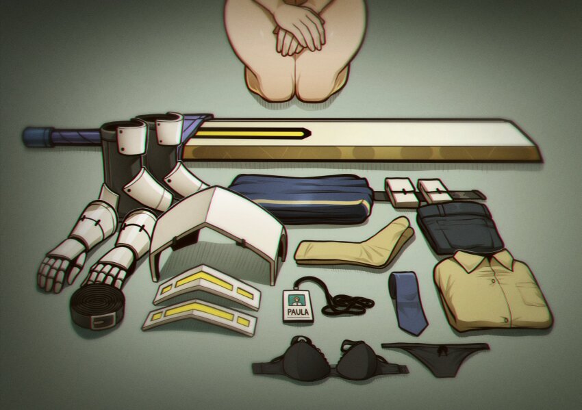 1girl, armor, belt, boots, bra, clothes_on_floor, commentary_request, completely_nude, equipment_layout, folded_clothes, gauntlets, gloves, greatsword, highres, korean_commentary, limbus_company, misg1111, name_tag, necktie, nude, panties, pants, paula_(project_moon), pouch, project_moon, shirt, simple_background, solo, sword, underwear, unworn_belt, unworn_boots, unworn_bra, unworn_clothes, unworn_gloves, unworn_necktie, unworn_panties, unworn_pants, unworn_shirt, weapon, white_armor, zwei_association_west_uniform