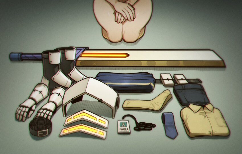 1girl, armor, belt, boots, clothes_on_floor, completely_nude, equipment_layout, folded_clothes, gauntlets, gloves, greatsword, highres, limbus_company, misg1111, name_tag, necktie, nude, pants, paula_(project_moon), pouch, project_moon, shirt, simple_background, solo, sword, unworn_belt, unworn_boots, unworn_clothes, unworn_gloves, unworn_necktie, unworn_pants, unworn_shirt, weapon, white_armor, zwei_association_west_uniform