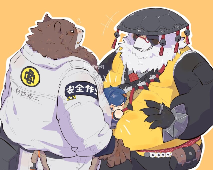 1girl, 2boys, animal_ears, bara, bear_boy, bear_ears, bell, belle_(zenless_zone_zero)