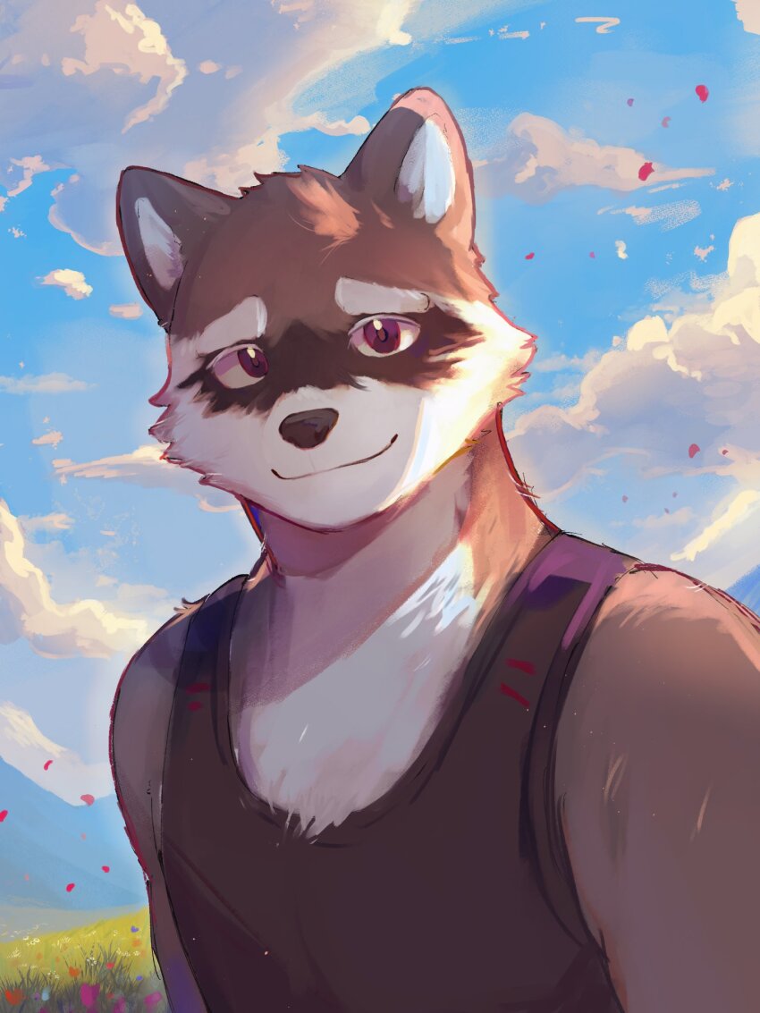 1boy, animal_ears, black_shirt, black_tank_top, blue_sky, ceylanokku, closed_mouth, cloud