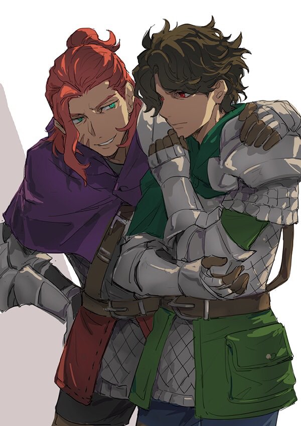 2boys, arm_around_shoulder, arm_up, armor, belt, belt_buckle, black_gloves, blue_eyes