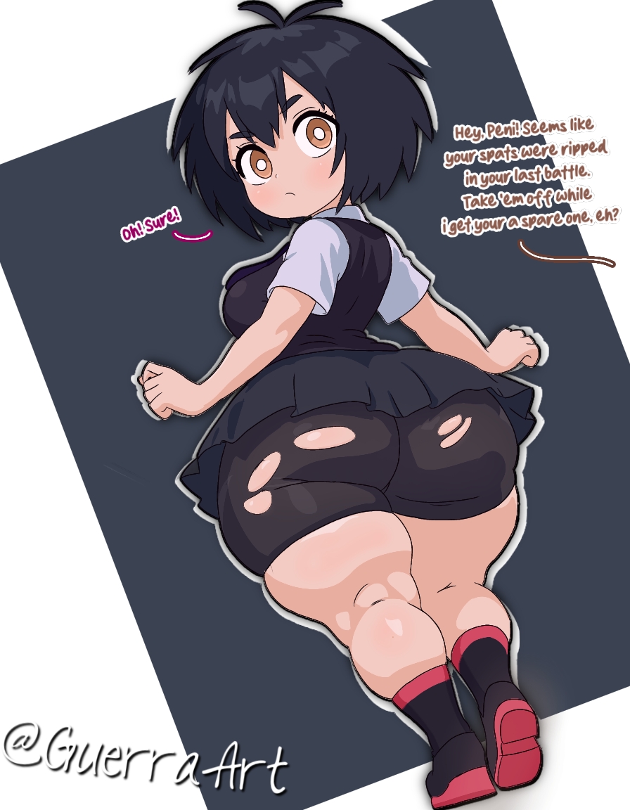 1girl, arms_at_sides, artist_name, ass, ass_focus, bike_shorts, black_background, black_hair, black_shoes, black_shorts, black_sweater, blue_skirt, breasts, brown_eyes, closed_mouth, dot_nose, english_text, expressionless, eyebrows, eyelashes, female_focus, from_behind, guerraart, huge_ass, kyojiri_loli, loli, looking_at_viewer, looking_back, marvel, peni_parker, red_shoes, red_socks, shirt, shoes, short_hair, short_sleeves, shorts, simple_background, skirt, sleeveless, sleeveless_sweater, small_breasts, sneakers, socks, solo, spider-man_(series), spider-verse, standing, sweater, thick_thighs, thighs, torn_clothes, torn_shorts, two-tone_background, two-tone_socks, white_background, white_shirt
