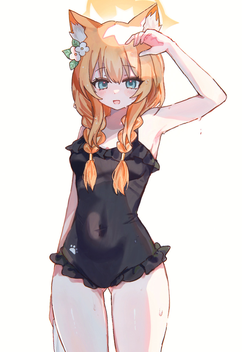 1girl, animal_ear_fluff, armpits, black_one-piece_swimsuit, blue_archive, braid, casual_one-piece_swimsuit, cowboy_shot, flower, gluteal_fold, hair_flower, hair_ornament, halo, hand_on_own_head, highres, looking_at_viewer, low_twin_braids, mari_(blue_archive), mari_(swimsuit)_(blue_archive), morita_(pixiv31883607), official_alternate_costume, one-piece_swimsuit, orange_hair, paw_print, solo, swimsuit, thigh_gap, twin_braids, wet, white_background, white_flower, yellow_halo