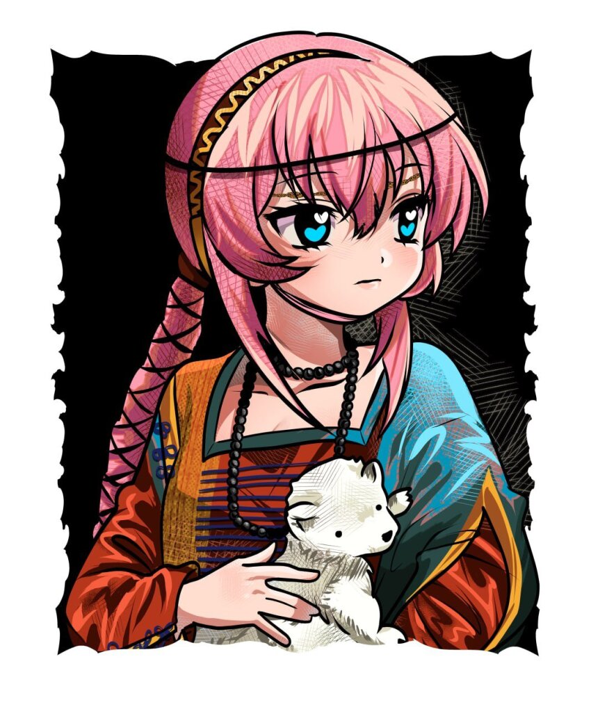 1girl, animal, babylonholic, bead_necklace, beads, black_background, blush, braid