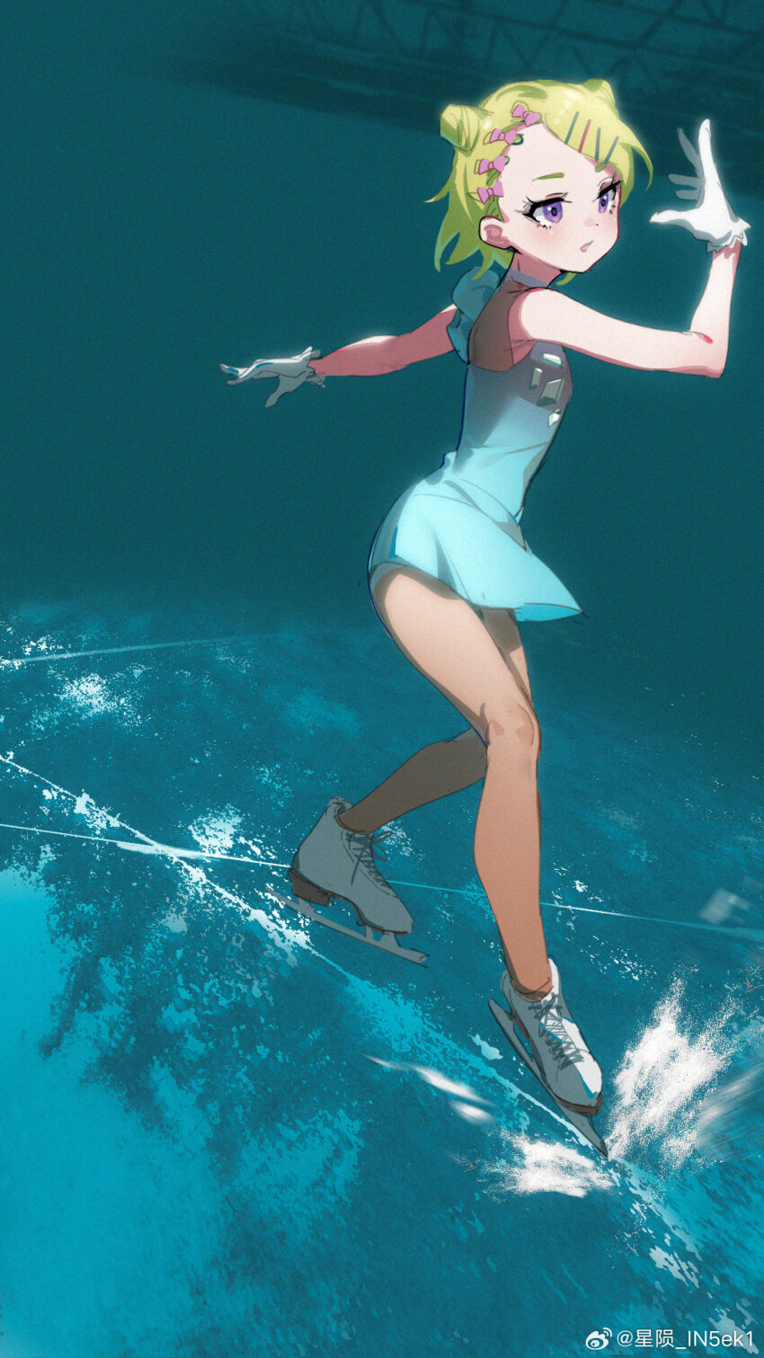 1girl, blonde_hair, blue_dress, double_bun, dress, figure_skating_dress, gloves, hair_bun, hair_ornament, hairclip, highres, ice_skates, ice_skating, inseki11, kurosawa_miihi, medalist_(manga), purple_eyes, skates, skating, solo, swept_bangs, watermark, weibo_username, weibo_watermark, white_gloves