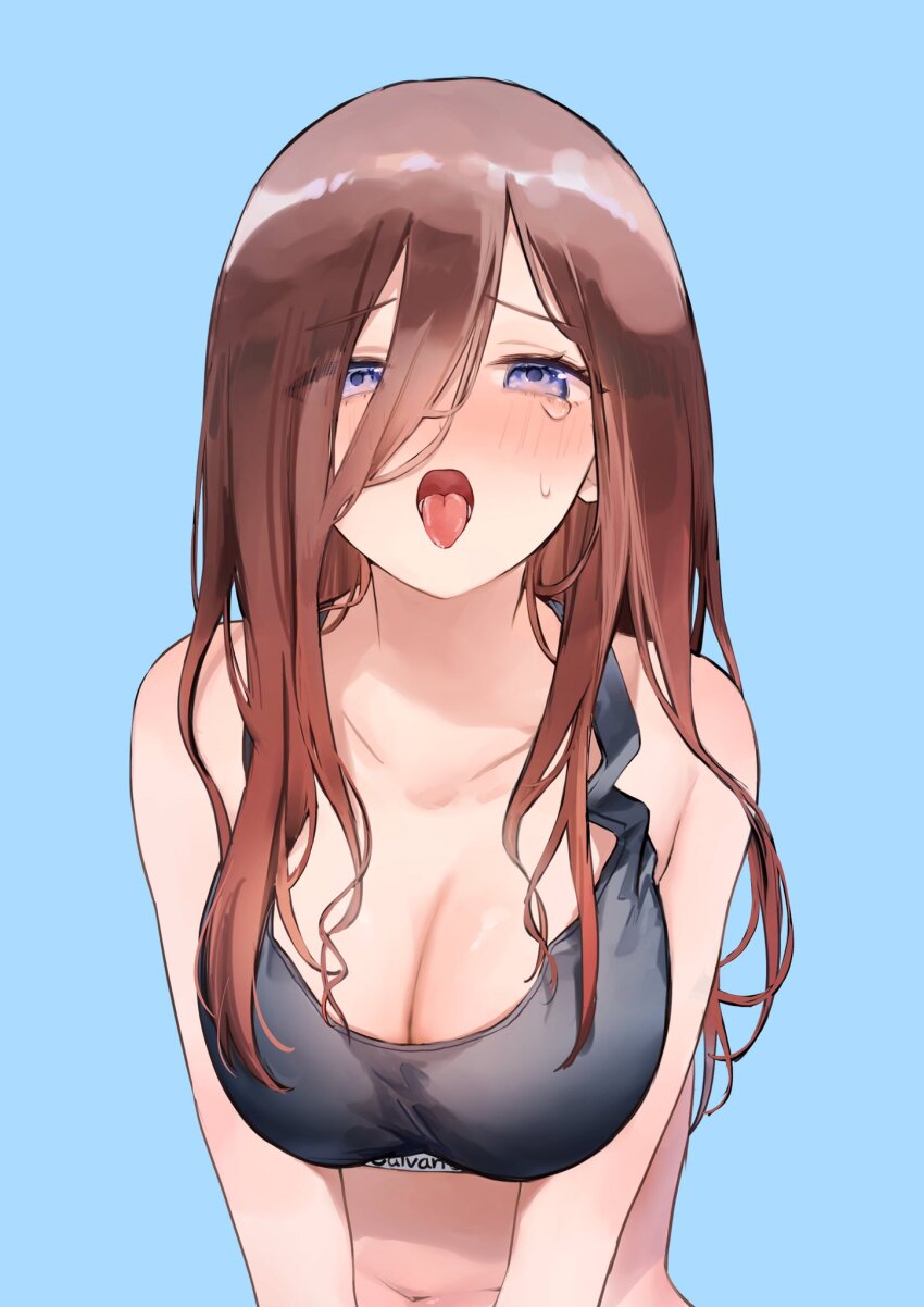 1girl, black_sports_bra, blue_background, blush, breasts, brown_hair, clothes_writing, collarbone