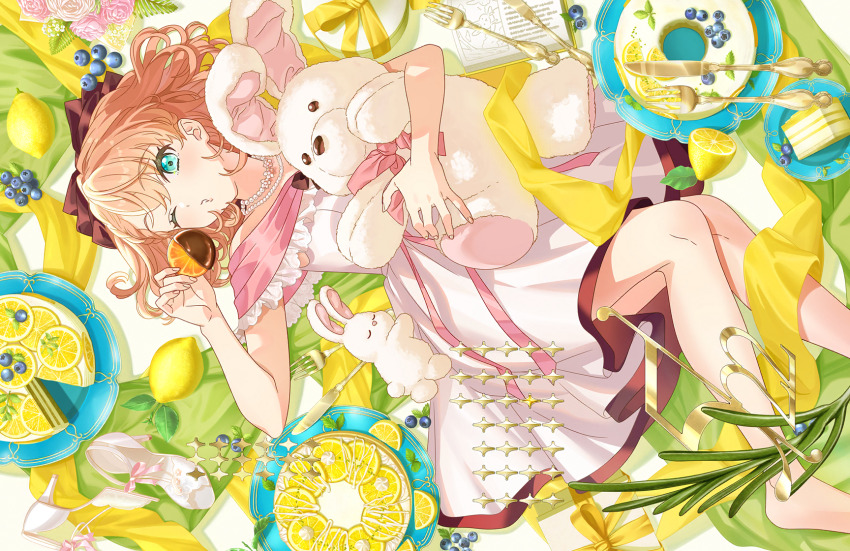 1girl, aqua_eyes, bare_shoulders, barefoot, bead_necklace, beads, blowing_kiss, blueberry, bow, braid, braided_bangs, brown_bow, cake, cake_slice, chocolate, chocolate-covered_food, chocolate_covered, dated, dress, flower, food, foot_out_of_frame, fork, frilled_dress, frills, fruit, game_cg, hair_bow, high_heel_sandals, high_heels, highres, hinoshita_kaho, hinoshita_kaho_(18th_birthday), holding, holding_food, holding_fruit, holding_stuffed_toy, jewelry, lemon, lemon_cake, lemon_slice, link!_like!_love_live!, looking_at_viewer, love_live!, medium_dress, medium_hair, necklace, non-web_source, off-shoulder_dress, off_shoulder, official_alternate_costume, official_art, one_eye_closed, orange_(fruit), orange_hair, orange_slice, orangette, parted_lips, pink_flower, ranunculus, sandals, self-datamine, sideways_mouth, solo, stiletto_heels, stuffed_animal, stuffed_rabbit, stuffed_toy, table_knife, unworn_sandals, white_dress, white_flower