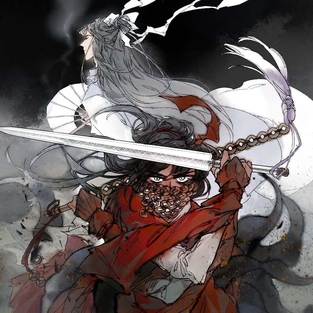 2boys, arm_guards, black_hair, blood, blood_on_clothes, chinese_clothes, chinese_commentary, closed_eyes, closed_mouth, coin, coin_mask, coin_sword, covered_mouth, dao_gui_yi_xian, deepsleepless, fighting_stance, floating_clothes, floating_hair, folding_fan, grey_hair, hair_bun, hair_ribbon, half_updo, hand_fan, hanfu, holding, holding_fan, holding_sword, holding_weapon, holed_coin, li_huowang, long_hair, long_sleeves, looking_at_viewer, male_focus, mask, mouth_veil, multiple_boys, paper_fan, red_hanfu, red_ribbon, ribbon, single_hair_bun, smoke, sword, sword_tassel, tassel, veil, weapon, weapon_tassel, white_hanfu, white_ribbon, zhuge_yuan