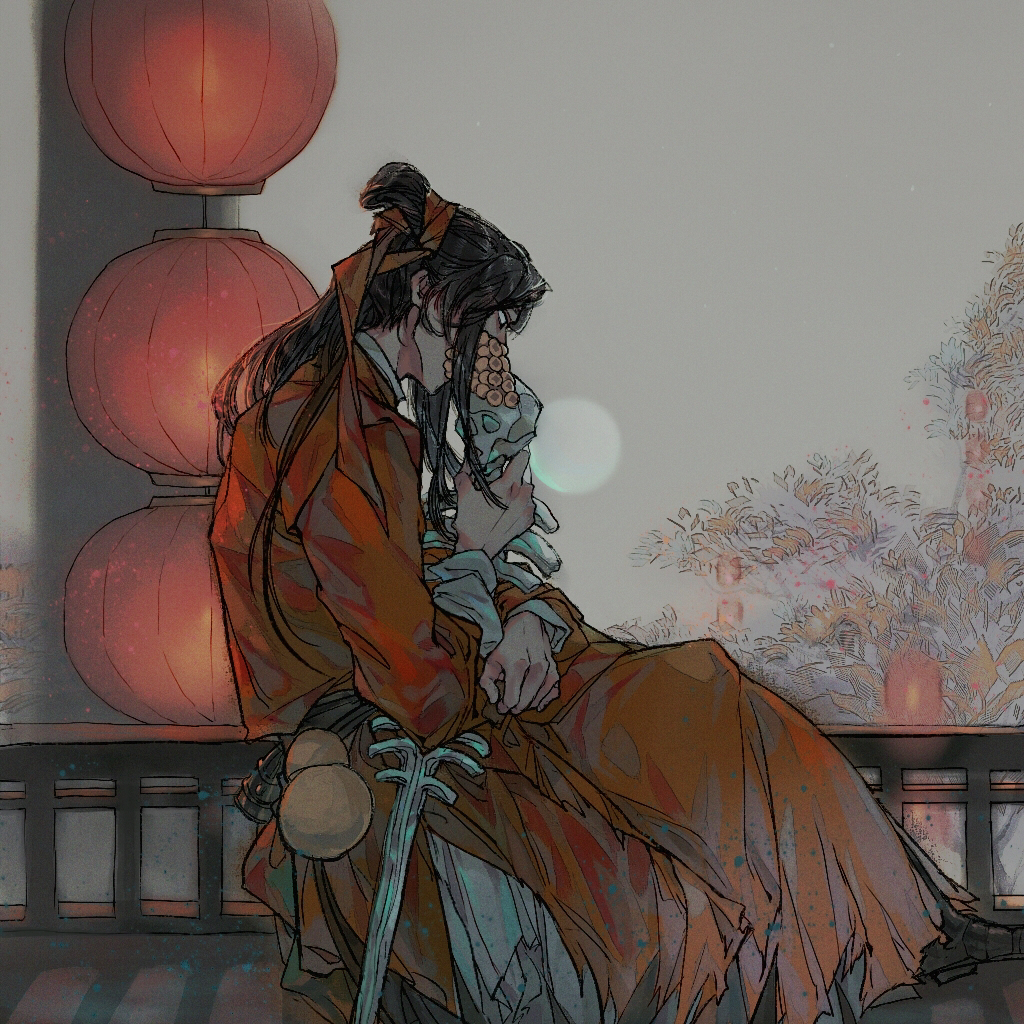 1boy, architecture, black_boots, black_hair, bone, boots, chinese_clothes, chinese_commentary, closed_eyes, coat, coin, coin_mask, covered_mouth, dao_gui_yi_xian, deepsleepless, east_asian_architecture, from_side, full_moon, gourd, hair_bun, hair_ribbon, hanfu, holding, holding_bone, holding_sword, holding_weapon, holed_coin, implied_yaoi, lantern, lens_flare, li_huowang, long_hair, long_sleeves, looking_down, male_focus, mask, moon, mouth_veil, night, outdoors, paper_lantern, profile, red_coat, red_ribbon, ribbon, single_hair_bun, sitting, skeleton, skull, solo, spine, spine_sword, sword, tree, veil, weapon
