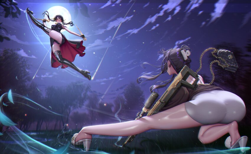 2girls, absurdres, ass, ass_focus, bag, bare_shoulders, black_boots, black_dress, black_gloves, black_hair, black_panties, bolt_action, boots, breasts, cloud, cloudy_sky, d_(killer_wife)_(nikke), d_(nikke), dagger, dongtan_dress, dress, duel, fighting, fingerless_gloves, full_body, full_moon, gloves, gluteal_fold, gnxxe1, goddess_of_victory:_nikke, grass, gun, handbag, high_heel_sandals, high_heels, highres, holding, holding_needle, holding_weapon, jumping, knife, large_breasts, moon, multiple_girls, needle, official_alternate_costume, on_ground, outdoors, panties, red_eyes, rifle, sandals, scope, skin_tight, sky, sniper_rifle, spy_x_family, squatting, star_(sky), stiletto_(weapon), thick_thighs, thighs, tight_clothes, tree, underwear, weapon, yor_briar