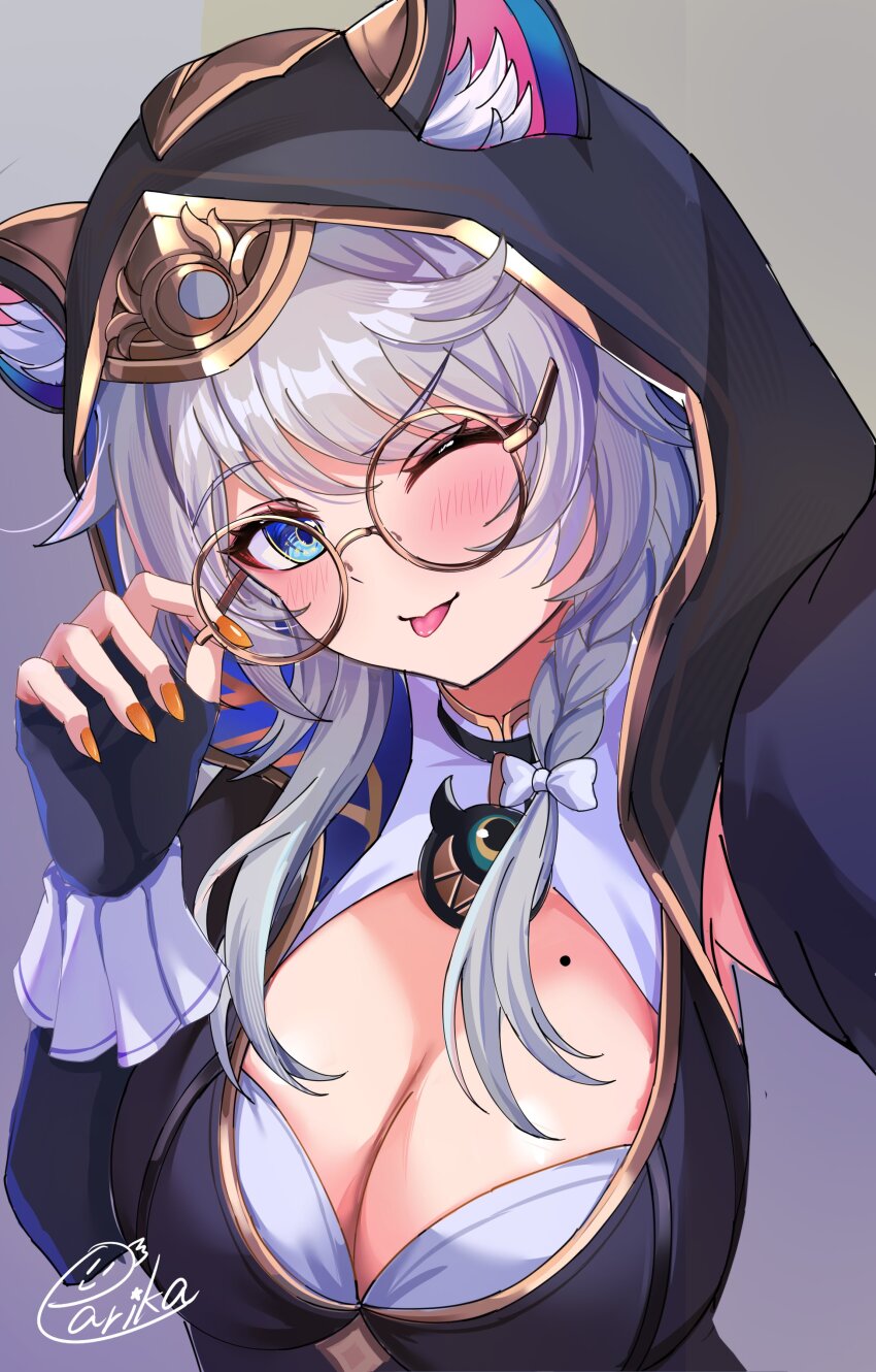 1girl, absurdres, animal_ear_fluff, animal_ears, animal_hood, artist_name, black_gloves, black_hood