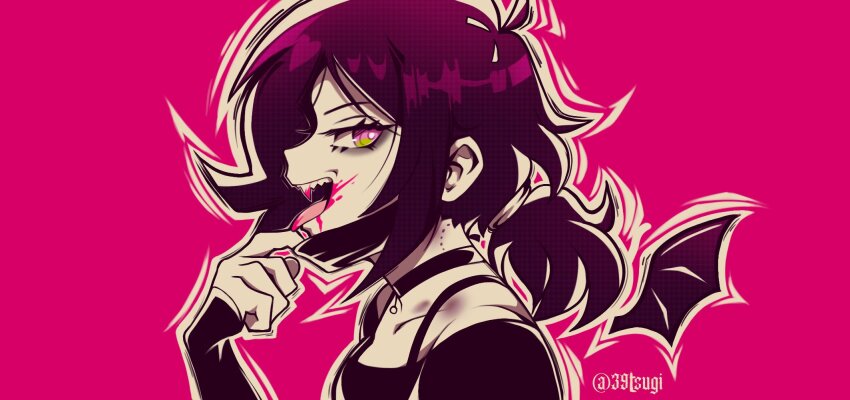 1girl, 39tsugi, :d, adjusting_mask, ahoge, ashley_graves, bare_shoulders, bat_wings