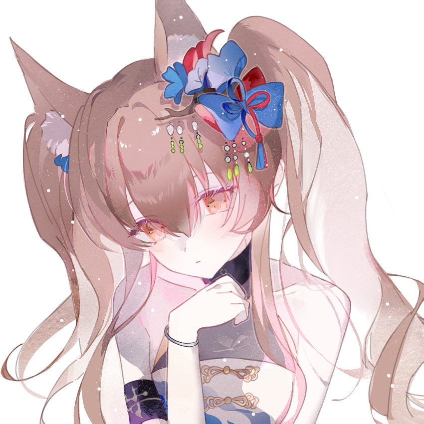 1girl, :|, angelina_(ambience_synesthesia_2025)_(arknights), angelina_(arknights), animal_ears, arknights, bare_shoulders, black_collar