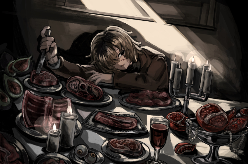 1boy, absurdly_detailed_composition, alcohol, black_eyes, brown_coat, brown_hair, candle, candlestand