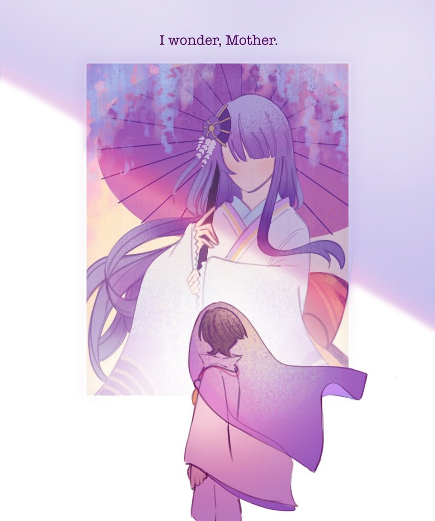 1boy, 1girl, alphastroo, aunt_and_nephew, black_hair, blunt_bangs, blunt_ends, english_text, faceless, faceless_female, fan_hair_ornament, feathers, flower, frilled_sleeves, frills, genshin_impact, gold_trim, hair_flower, hair_ornament, han'eri, highres, japanese_clothes, kariginu, kimono, layered_sleeves, long_hair, long_sidelocks, long_sleeves, makoto_(genshin_impact), obi, oil-paper_umbrella, pom_pom_(clothes), purple_flower, purple_hair, purple_kimono, purple_sleeves, purple_veil, sash, scaramouche_(genshin_impact), scaramouche_(kabukimono)_(genshin_impact), see-through_clothes, see-through_veil, sidelocks, single_sidelock, string, swept_bangs, umbrella, veil, very_long_hair, wide_sleeves, yellow_feathers