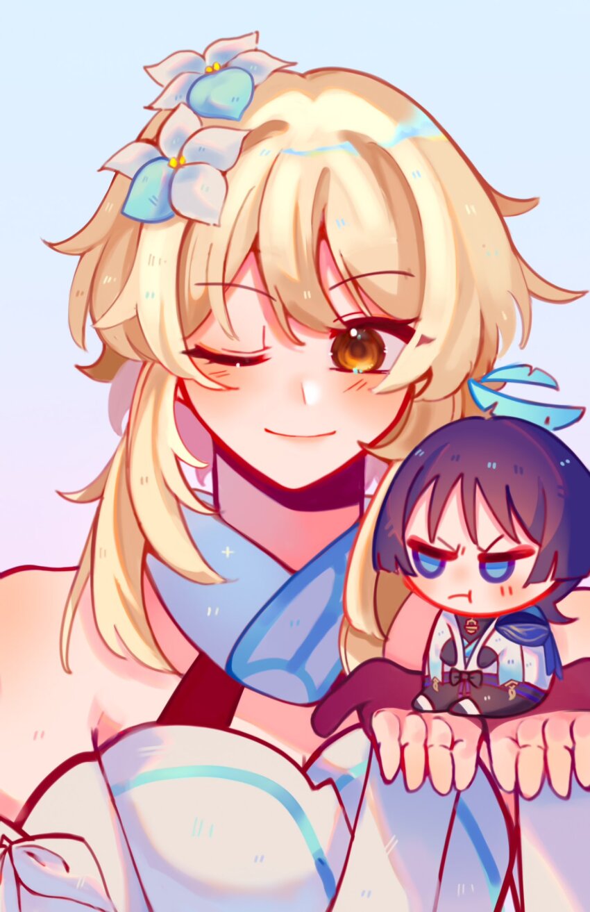 1boy, 1girl, alphastroo, black_bodysuit, black_bow, black_gloves, black_hair, black_shorts