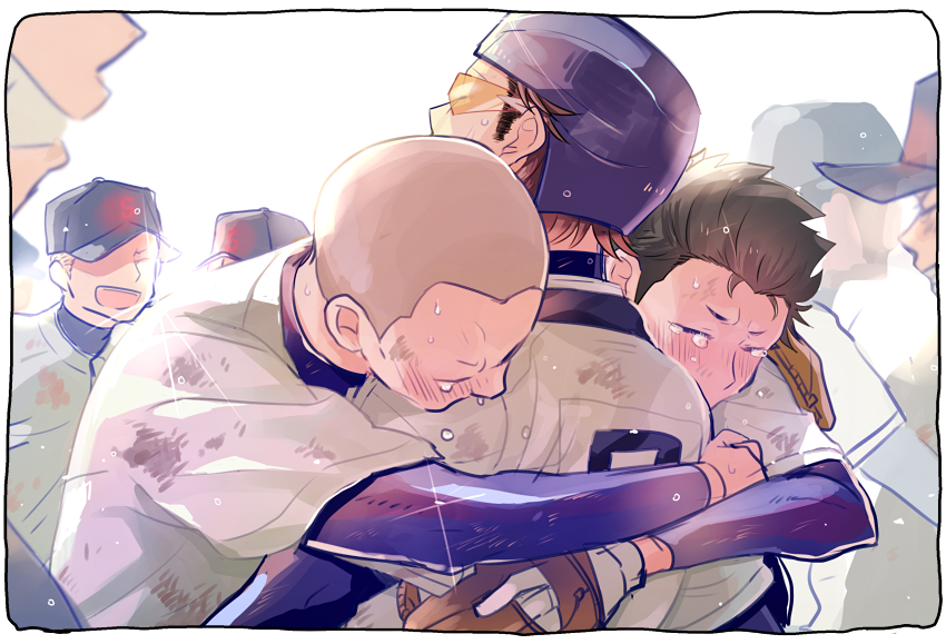 3boys, ace_of_diamond, amahisa_kousei, back, baseball, baseball_glove, baseball_helmet, baseball_jersey, baseball_uniform, black_hair, border, brown_hair, closed_eyes, compression_shirt, crying, goggles, group_hug, helmet, hinota, hug, jersey, kuramochi_youichi, long_sleeves, male_focus, miyuki_kazuya, multiple_boys, sanada_shunpei, shirt, short_hair, simple_background, sportswear, sweat, tears, very_short_hair, white_border
