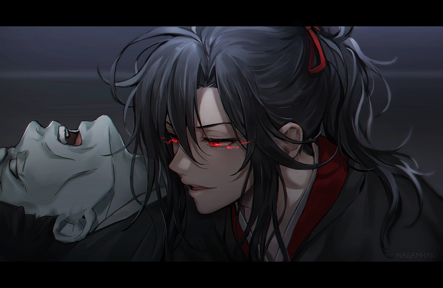 1boy, 1other, alternate_hairstyle, black_hair, black_hanfu, chinese_clothes, glowing, glowing_eyes, hair_between_eyes, hair_bun, hair_ribbon, hanfu, letterboxed, long_hair, long_sleeves, looking_at_another, magamhani, male_focus, mo_xuanyu, modao_zushi, night, open_mouth, parted_lips, ponytail, red_eyes, red_ribbon, ribbon, robe, single_hair_bun, smile, solo, solo_focus, upper_body, wei_wuxian, zombie
