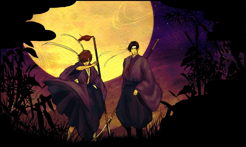 brown_hair, date_masamune_(sengoku_musou), eyepatch, japanese_clothes, katakura_kojuro_(sengoku_musou), kimono, male_focus, moon