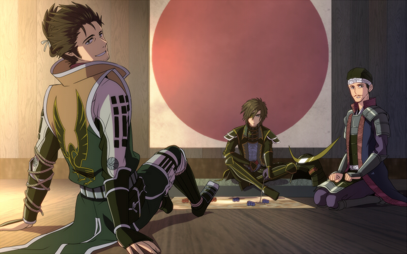 armor, brown_hair, coat, date_masamune_(sengoku_musou), eyepatch, helmet, japanese_flag, kajiwara_io