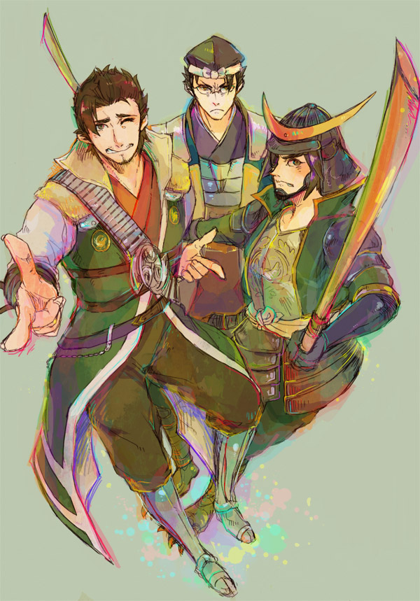 armor, bokken, brown_eyes, brown_hair, crossed_arms, date_masamune_(sengoku_musou), eyepatch, glasses