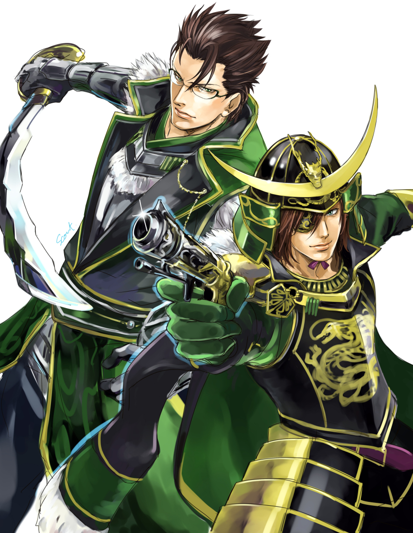 absurdres, armor, back-to-back, brown_eyes, brown_hair, date_masamune_(sengoku_musou), eyepatch, glasses