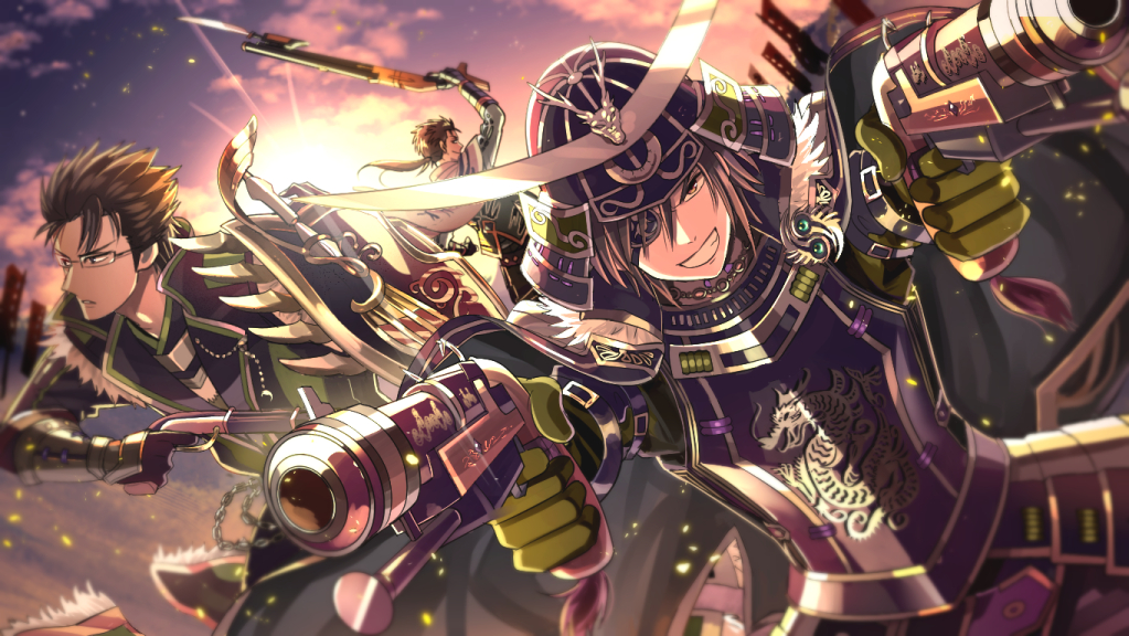 armor, bayonet, brown_eyes, brown_hair, cloud, date_masamune_(sengoku_musou), eyepatch, glasses