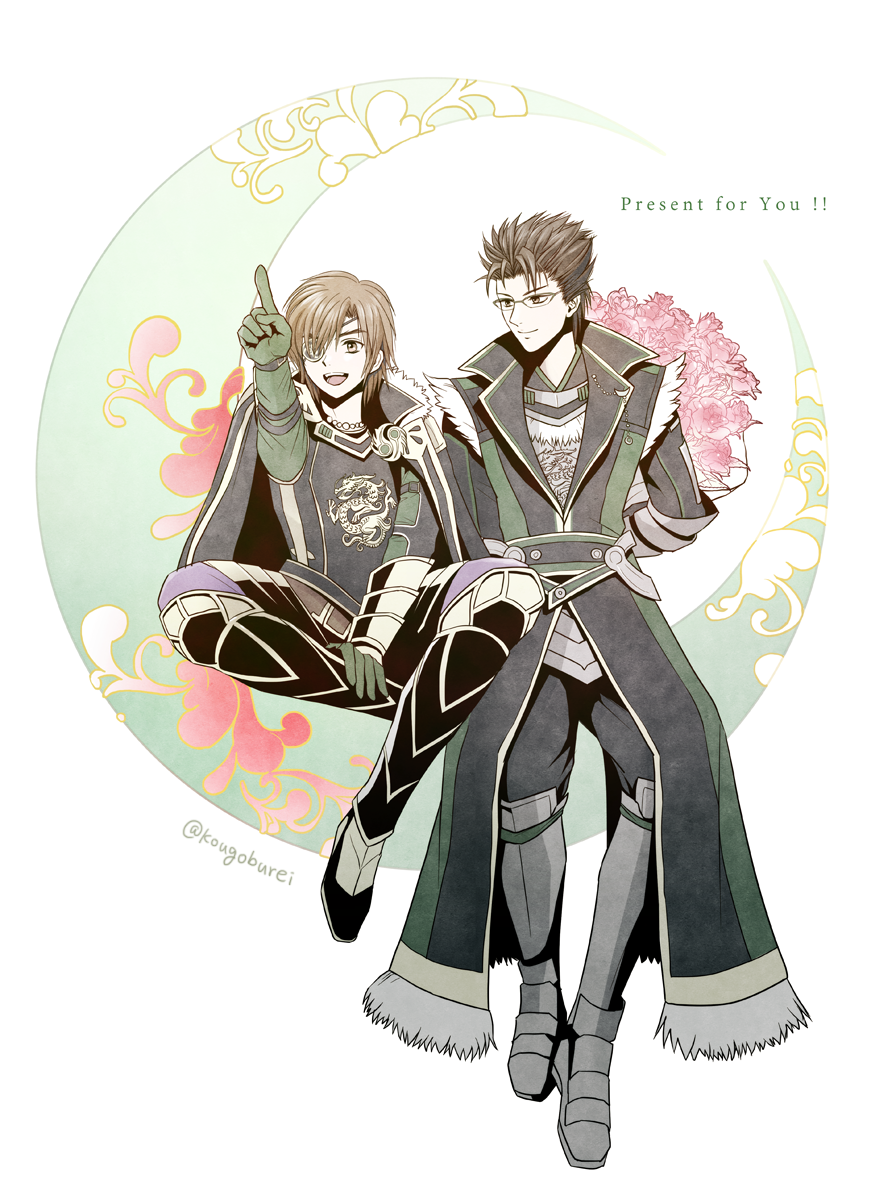 armor, bouquet, brown_eyes, brown_hair, coat, date_masamune_(sengoku_musou), eyepatch, flower