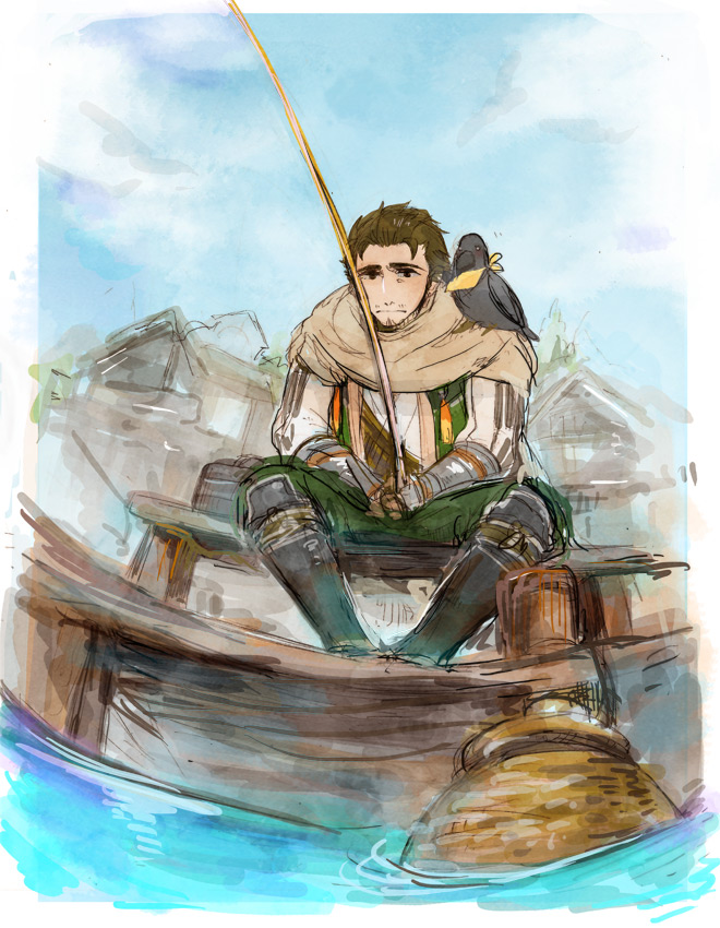 animal, animal_on_shoulder, bird, bird_on_shoulder, brown_hair, crow, dock, fishing