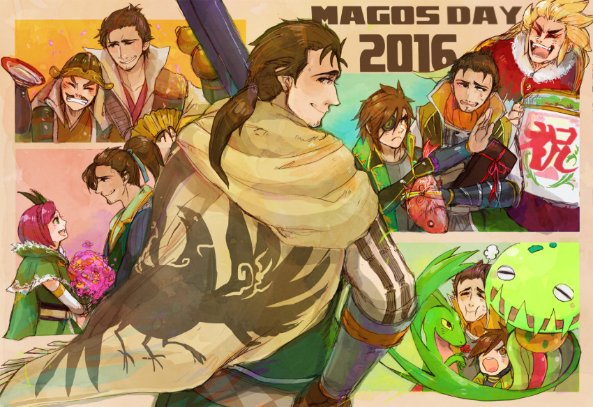 alcohol, ascot, bottle, bouquet, brown_hair, cape, carnivine, date_masamune_(sengoku_musou)