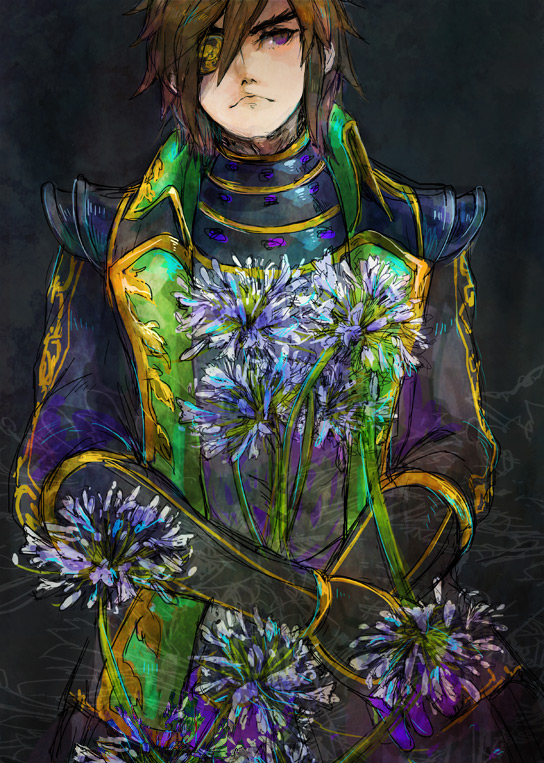 brown_eyes, brown_hair, date_masamune_(sengoku_musou), eyepatch, flower, male_focus, sengoku_musou, swept_bangs