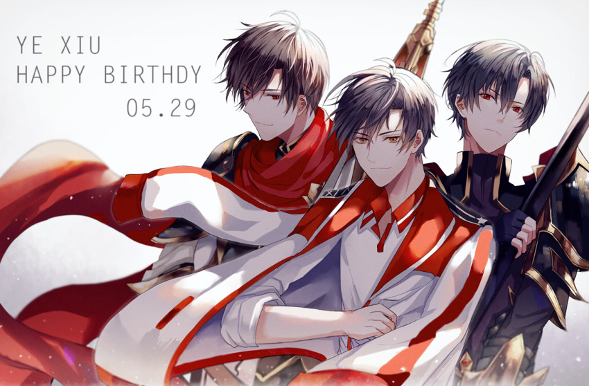 3boys, aguaaaaaa, arm_armor, armor, black_armor, black_gloves, black_hair, character_name