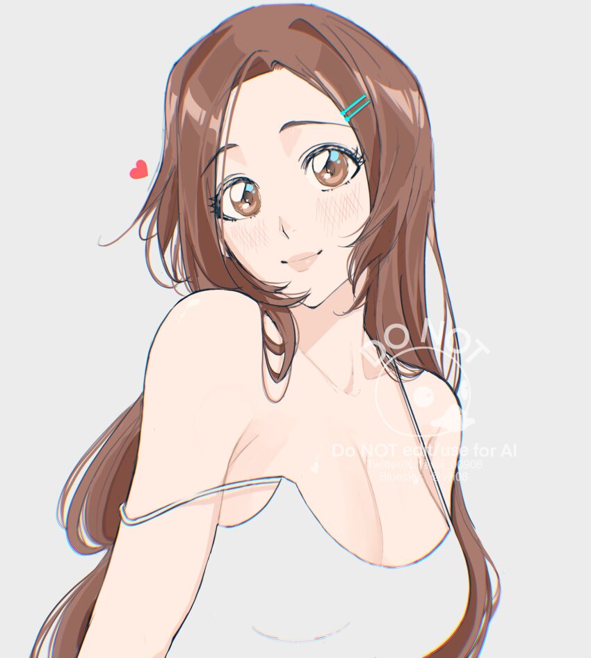 1girl, bare_shoulders, bleach, brown_eyes, brown_hair, collarbone, female_focus, hair_ornament