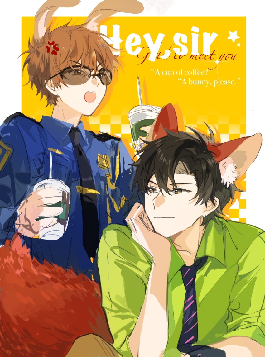 2boys, absurdres, alternate_costume, anger_vein, animal_ears, artie-kirkland, black_hair, black_necktie, blue_shirt, brown_eyes, brown_hair, character_name, chinese_commentary, closed_mouth, collared_shirt, cosplay, crossover, cup, disposable_cup, drinking_straw, english_text, fox_boy, fox_ears, fox_tail, green_shirt, hair_between_eyes, head_rest, highres, holding, holding_cup, huang_shaotian, judy_hopps, judy_hopps_(cosplay), kemonomimi_mode, long_sleeves, looking_at_another, male_focus, multiple_boys, necktie, nick_wilde, nick_wilde_(cosplay), open_mouth, pants, police, police_uniform, quan_zhi_gao_shou, rabbit_boy, rabbit_ears, shirt, short_hair, sitting, smile, star_(symbol), striped_clothes, striped_necktie, sunglasses, tail, upper_body, yaoi, ye_xiu, yellow_background, zootopia