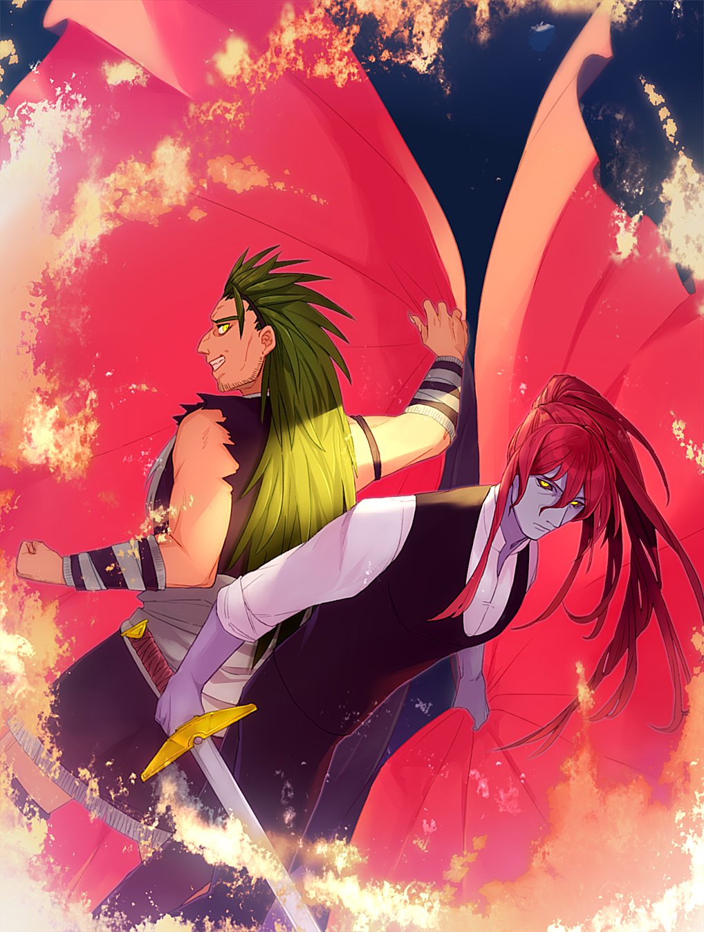 2boys, brothers, colored_skin, facial_hair, fur_trim, gannen_harst, green_hair, hatsune_(leaden_heart07)