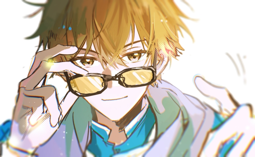 1boy, adjusting_eyewear, artie-kirkland, bespectacled, blonde_hair, blue_shirt, blurry, blurry_foreground, chinese_commentary, closed_mouth, glasses, hair_between_eyes, hands_up, highres, huang_shaotian, light_particles, looking_at_viewer, male_focus, portrait, quan_zhi_gao_shou, scarf, shirt, short_hair, simple_background, smile, solo, tinted_eyewear, white_background, white_scarf, yellow-tinted_eyewear, yellow_eyes