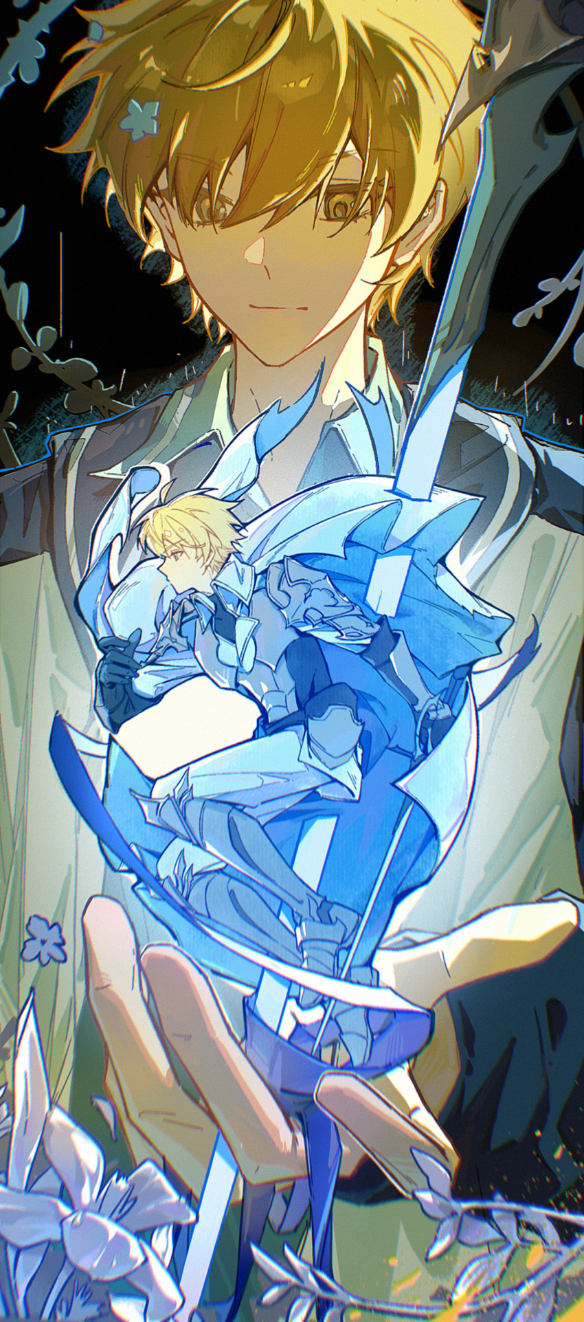 010-ddd, 2boys, absurdres, arm_armor, armor, armored_boots, black_background, black_gloves