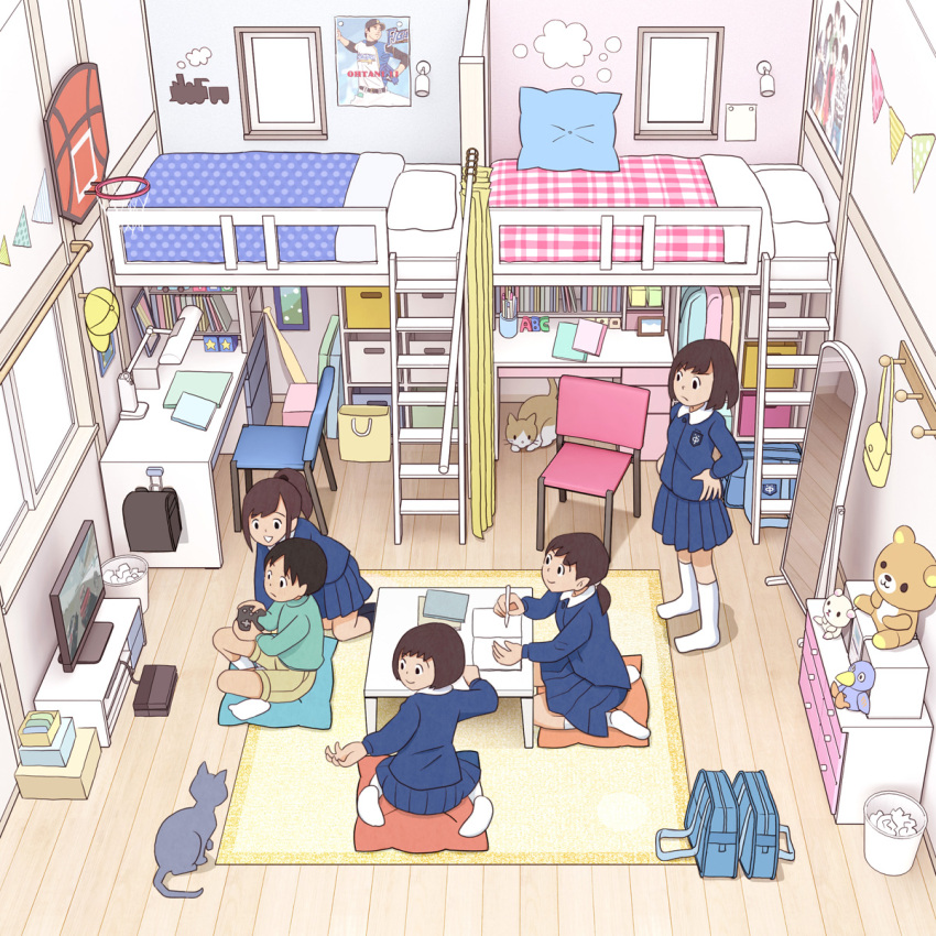 1boy, 4girls, absurdly_detailed_composition, blue_jacket, blue_skirt, bra, brother_and_sister, cat