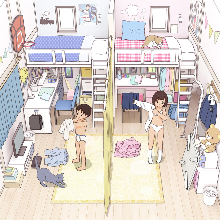 1boy, 1girl, bra, brother_and_sister, cat, curtains, desk, dressing, fixed-point_camera, full_body, highres, indoors, kiyo_(kyokyo1220), loft_bed, male_underwear, original, panties, shirt, siblings, standing, television, time_lapse, underwear, white_bra, white_male_underwear, white_panties, white_shirt, window