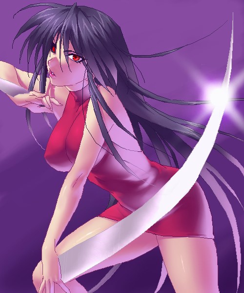 1990s_(style), 1girl, black_hair, dress, female_focus, halterneck, kagari, kagari_(ushio_to_tora)