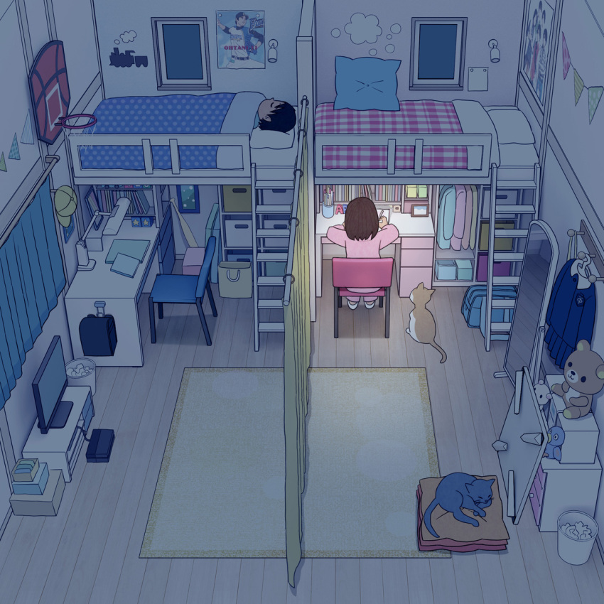 1boy, 1girl, absurdly_detailed_composition, bra, brother_and_sister, cat, clothes_hanger, curtains