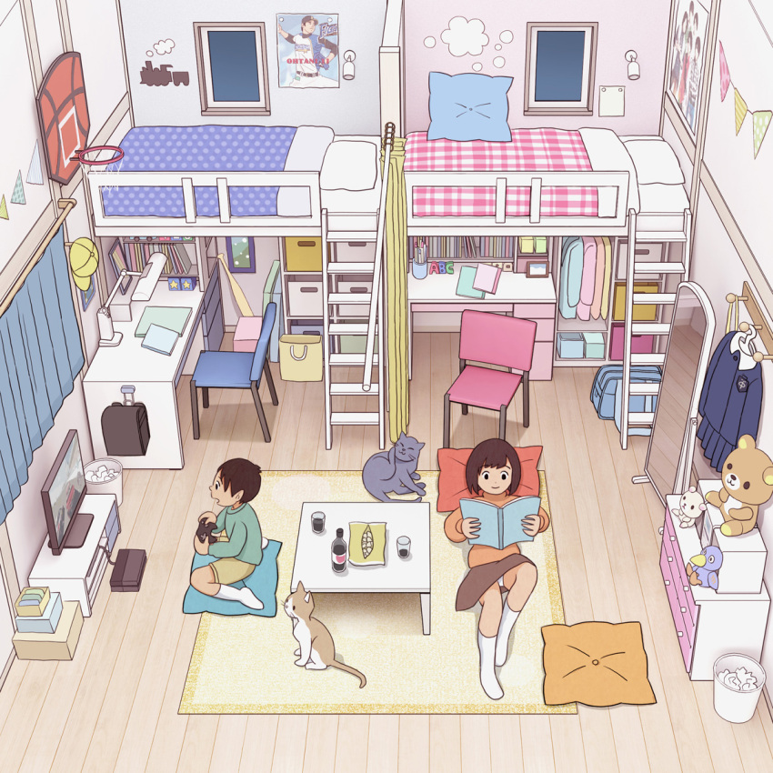 1boy, 1girl, absurdly_detailed_composition, bra, brother_and_sister, cat, curtains, desk