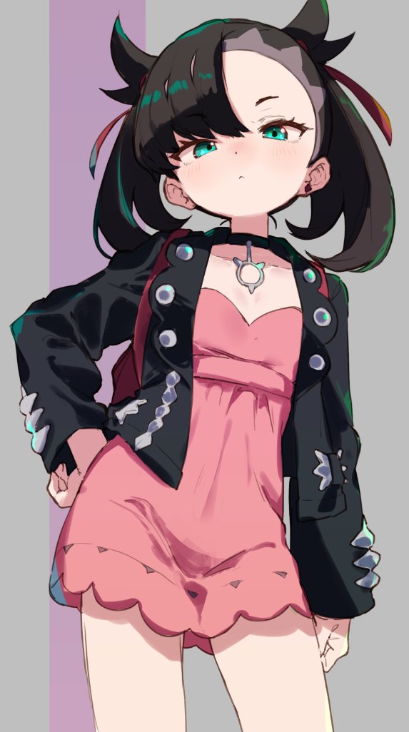 asymmetrical_bangs, asymmetrical_hair, black_choker, black_jacket, breasts, choker, dress, jacket