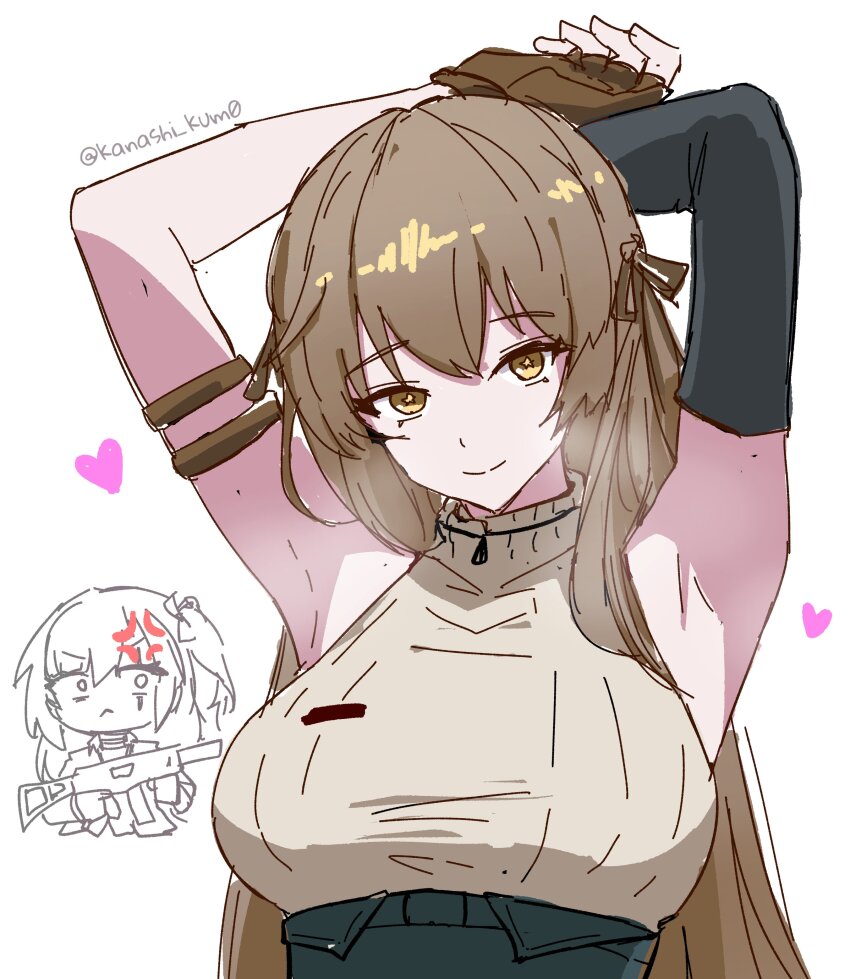 2girls, absurdres, armpits, arms_up, brown_eyes, brown_hair, girls'_frontline, girls'_frontline_2:_exilium